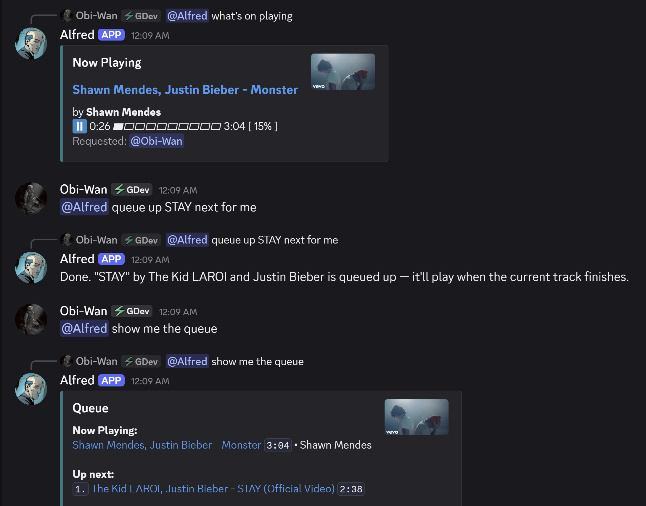 Alfred answering plain-language requests in Discord: showing the current track and queueing a song